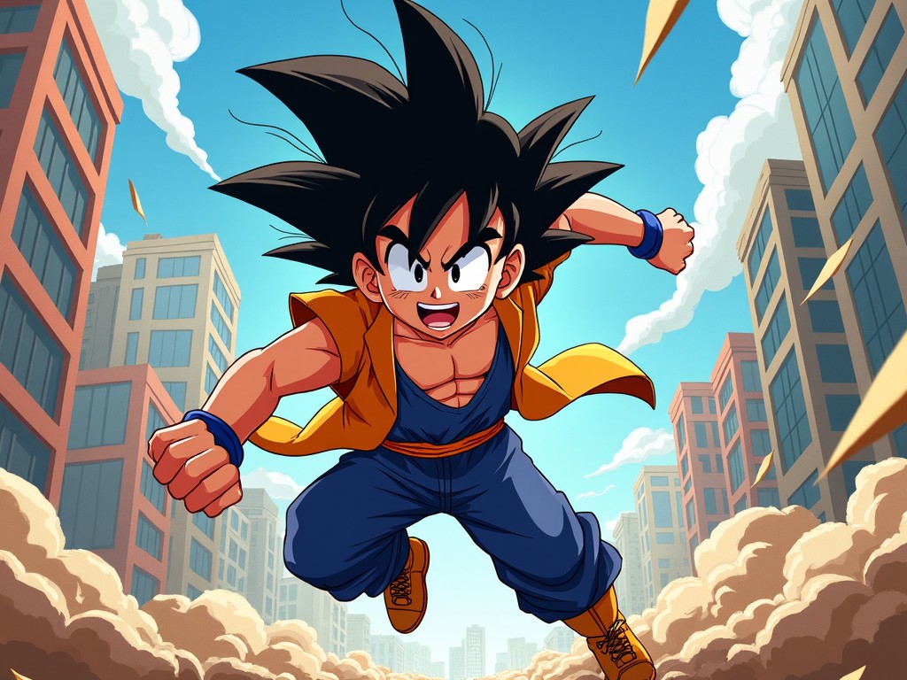 The image features a character reminiscent of classic Shonen anime, depicted mid-action as he runs through a city. His spiky black hair stands out against a bright blue sky. The character wears an orange vest and blue pants, embodying a heroic pose. Dust and debris swirl around him, suggesting intense movement. This dynamic scene captures the essence of adventure typical in Shonen narratives.