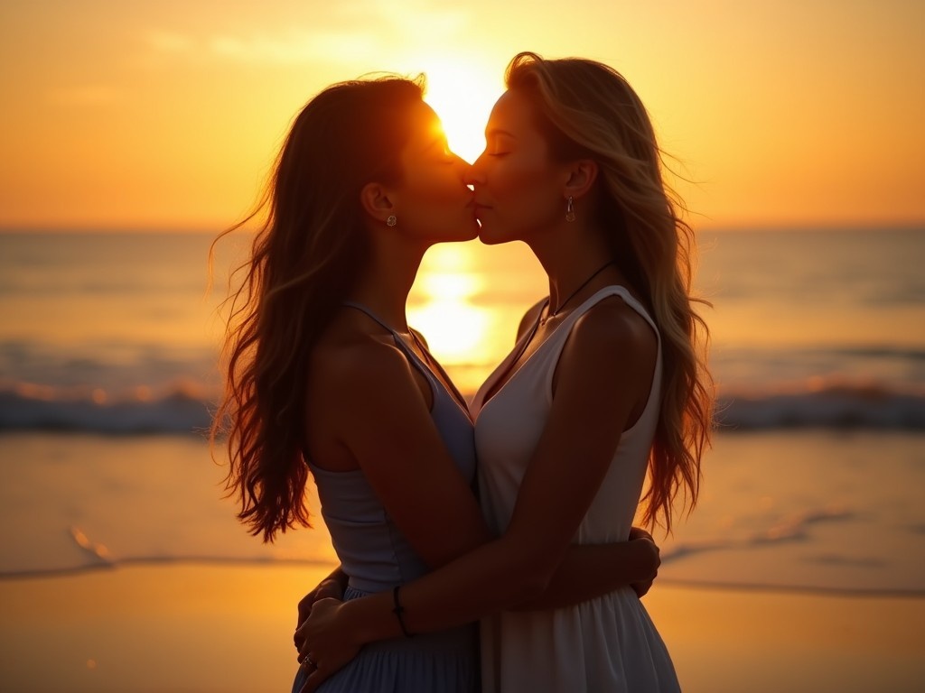 The image depicts two women sharing a tender kiss on a beach during sunset. The sun setting behind them creates a beautiful golden halo effect, enhancing the romantic atmosphere. The gentle waves of the ocean can be seen in the background, reflecting the warm colors of the sky. Both women are dressed elegantly, accentuating the intimacy of their embrace. This scene captures a moment of love and affection, perfect for portraying romance and connection.