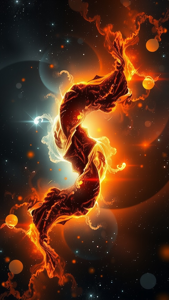 An abstract image depicting swirling tendrils of fiery orange and white light in a cosmic setting.