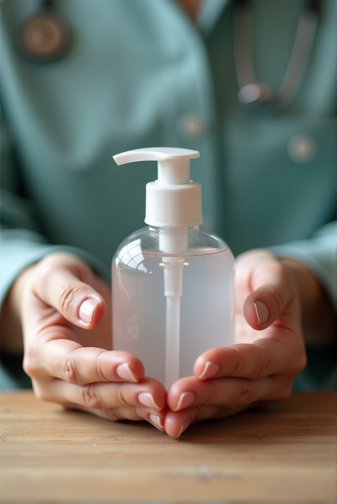 A pair of hands holding a clear pump bottle, possibly containing hand sanitizer, with a stethoscope-clad individual in the background.