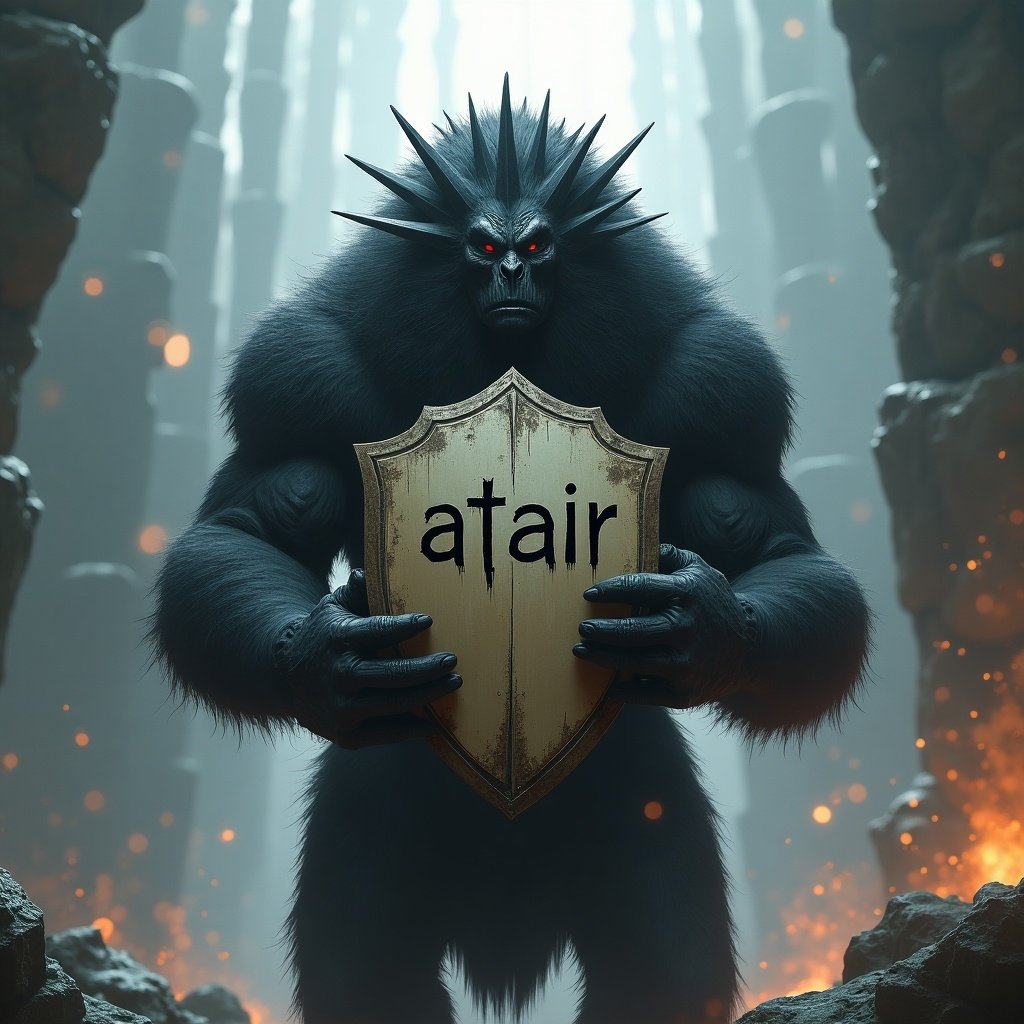 Futuristic world with monsters. Central focus on a hairy, dark monster holding a shield. Shield displays the word 'atair' in graffiti style.