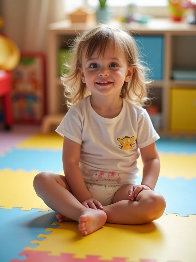 A 7-year-old girl sits comfortably in a colorful playroom. She wears a bright playful shirt and a diaper. The floor has vibrant soft mats. The room is well lit with natural light. A cheerful ambiance surrounds her.