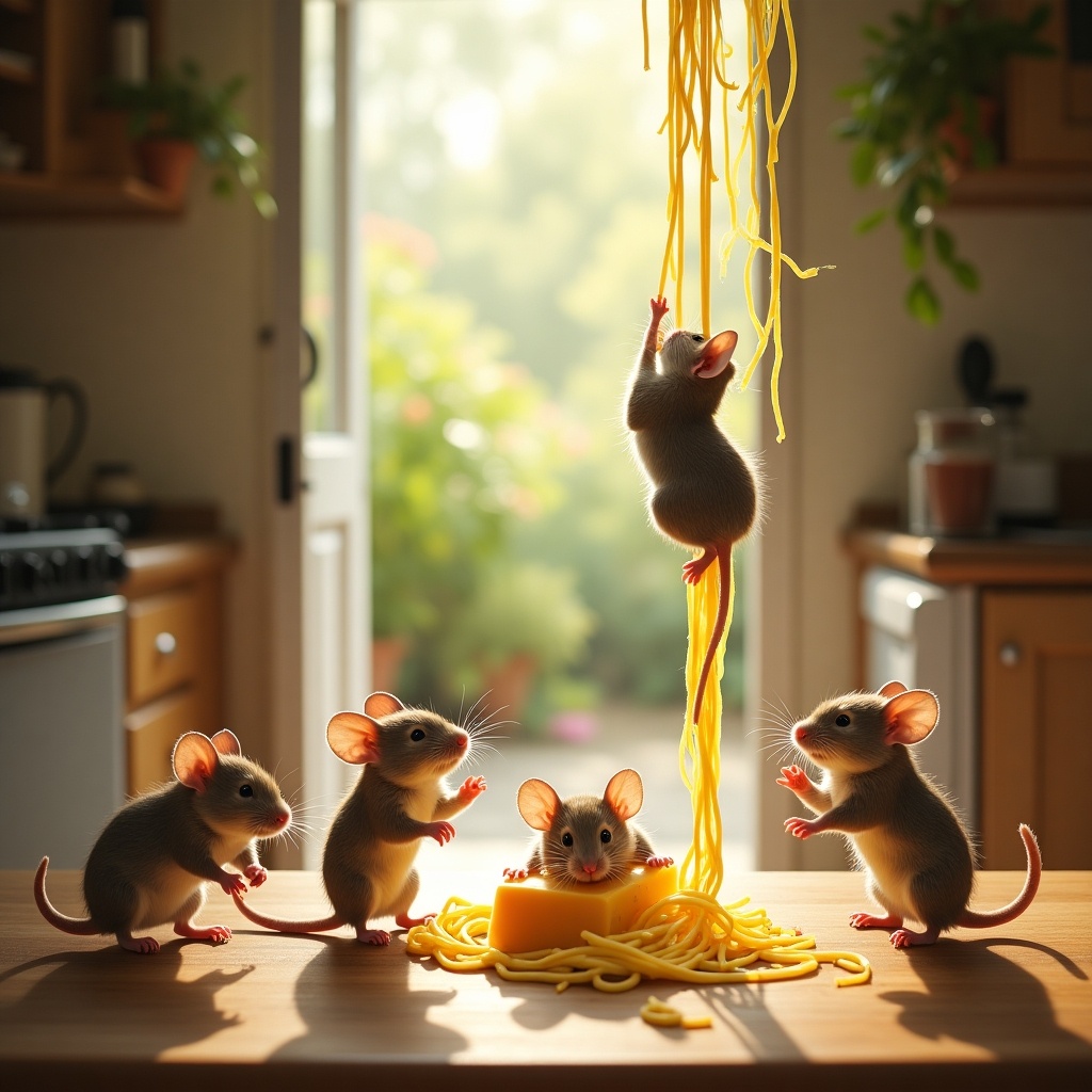 A kitchen scene features playful mice engaging with spaghetti. One mouse attempts to climb the spaghetti, while others are gathered around a bowl. Natural light brightens the kitchen atmosphere.