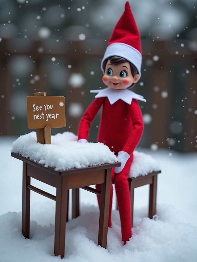 An Elf on the Shelf is sitting at a small table. The table is covered with snow. The Elf is writing a note that says See you next year. The background shows a snowy atmosphere.