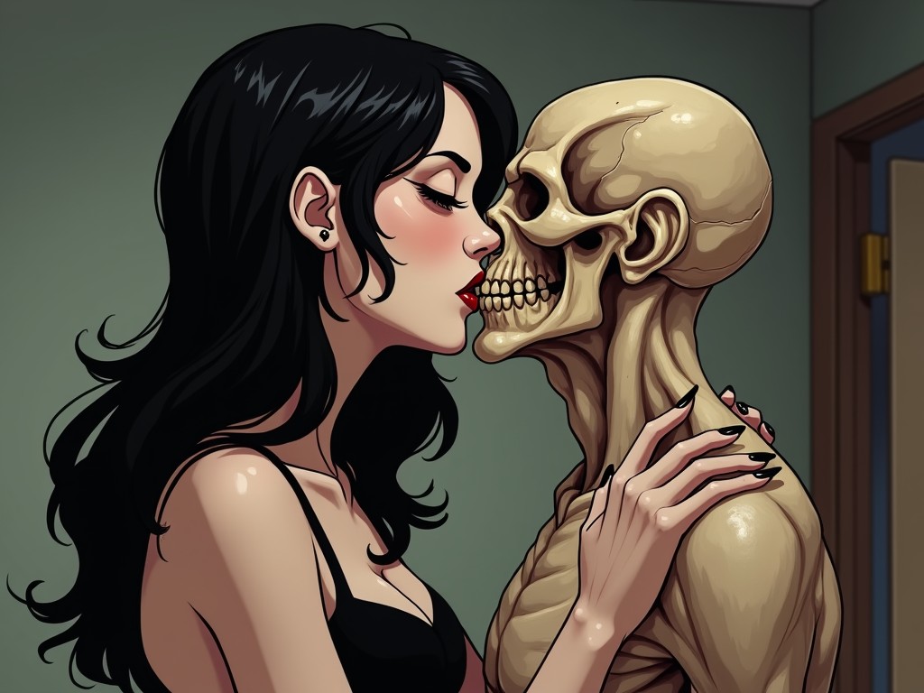 This image depicts a striking scene where a woman, characterized by her elegant black hair and red lips, is engaging in a close embrace with a skeleton. The contrast between the woman's vivacity and the stark, lifeless semblance of the skeleton creates a haunting yet alluring visual. The setting is minimalistic, accentuating the focus on the intimate connection between life and death portrayed here.