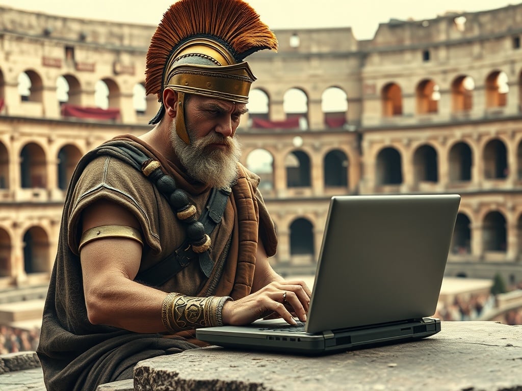 A Roman soldier using a modern laptop in an ancient setting.