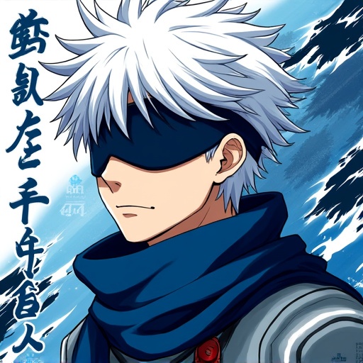 Artwork features character from anime Jujutsu Kaisen. Character has white spiky hair and a blindfold. A blue scarf is worn with a circular pendant. Background has dynamic blue and black elements. Japanese text is on the left side. Name Itadori Yuji is at the bottom.