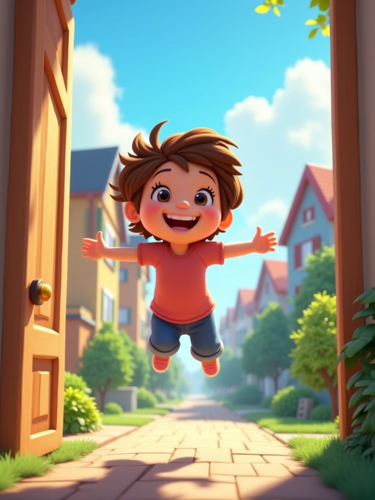 Cheerful animated character jumps joyfully out of home in a bright neighborhood. Character displays a big smile. Scene showcases sunny weather with vibrant buildings and greenery.