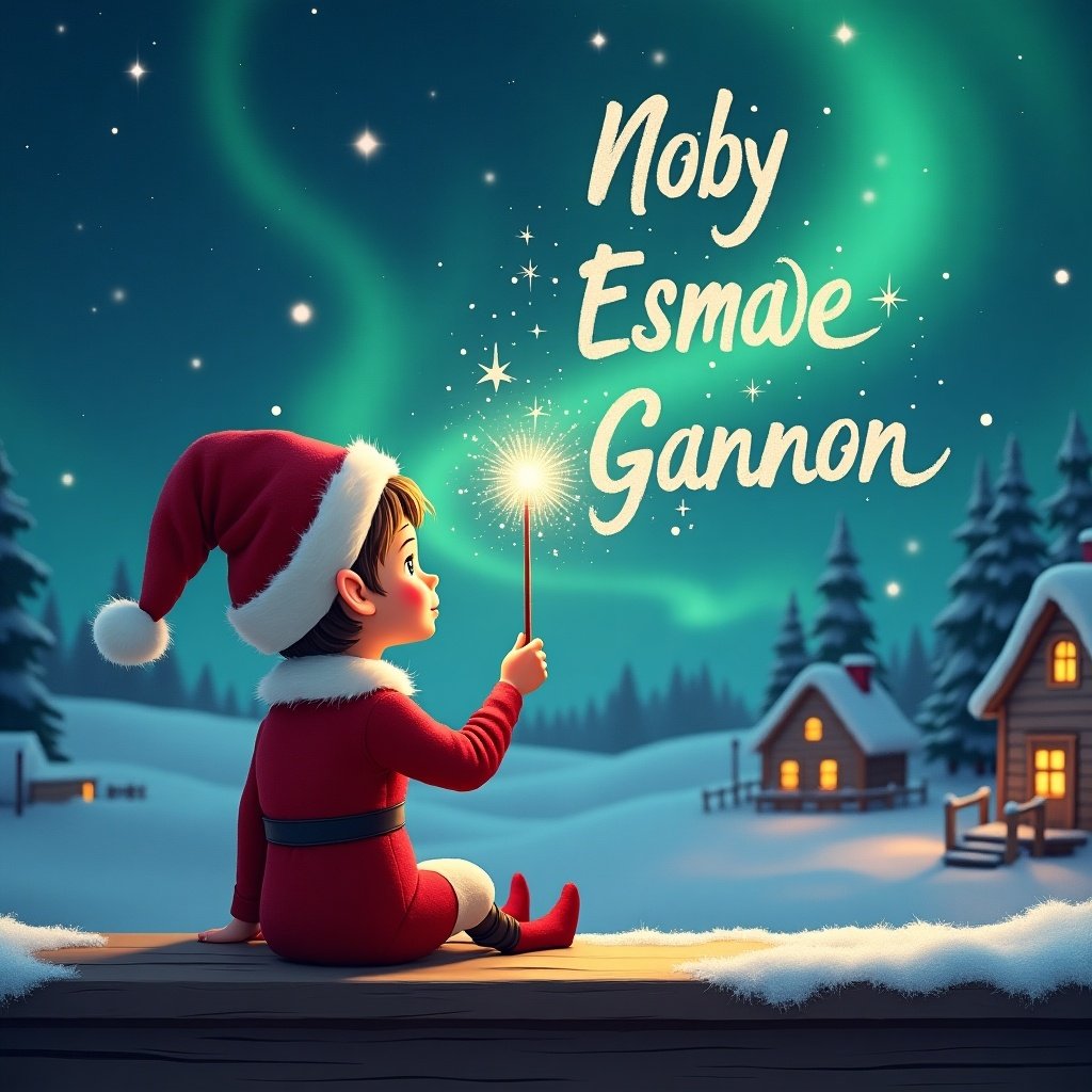 An elf sits on a wooden ledge gazing at a magical sky. The elf wears a red outfit and pointed hat. The elf holds a sparkling wand writing names in the starry sky. The background includes a snowy landscape with charming houses and evergreen trees under Northern Lights. This scene embodies childhood magic.