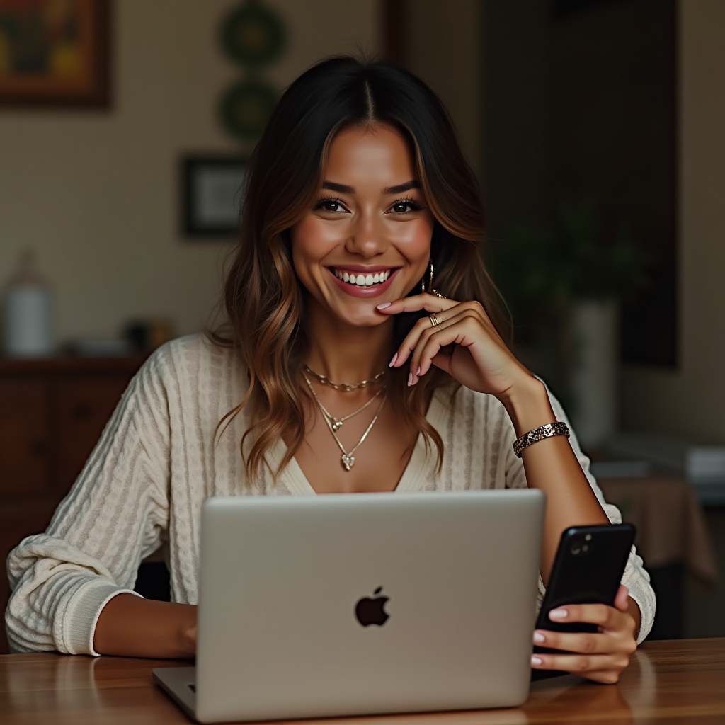 The image features a woman smiling warmly while working at a desk. She is sitting in front of a laptop, holding a smartphone in one hand, suggesting she is multi-tasking or engaging in digital communication. Her hair is wavy and shoulder-length, and she wears a light-colored, ribbed sweater, giving off a casual yet stylish vibe. She accessorizes with layered necklaces, bracelets, and earrings, adding a touch of elegance. The background shows a blurred interior, with neutral tones and some decorative elements, creating a cozy atmosphere.