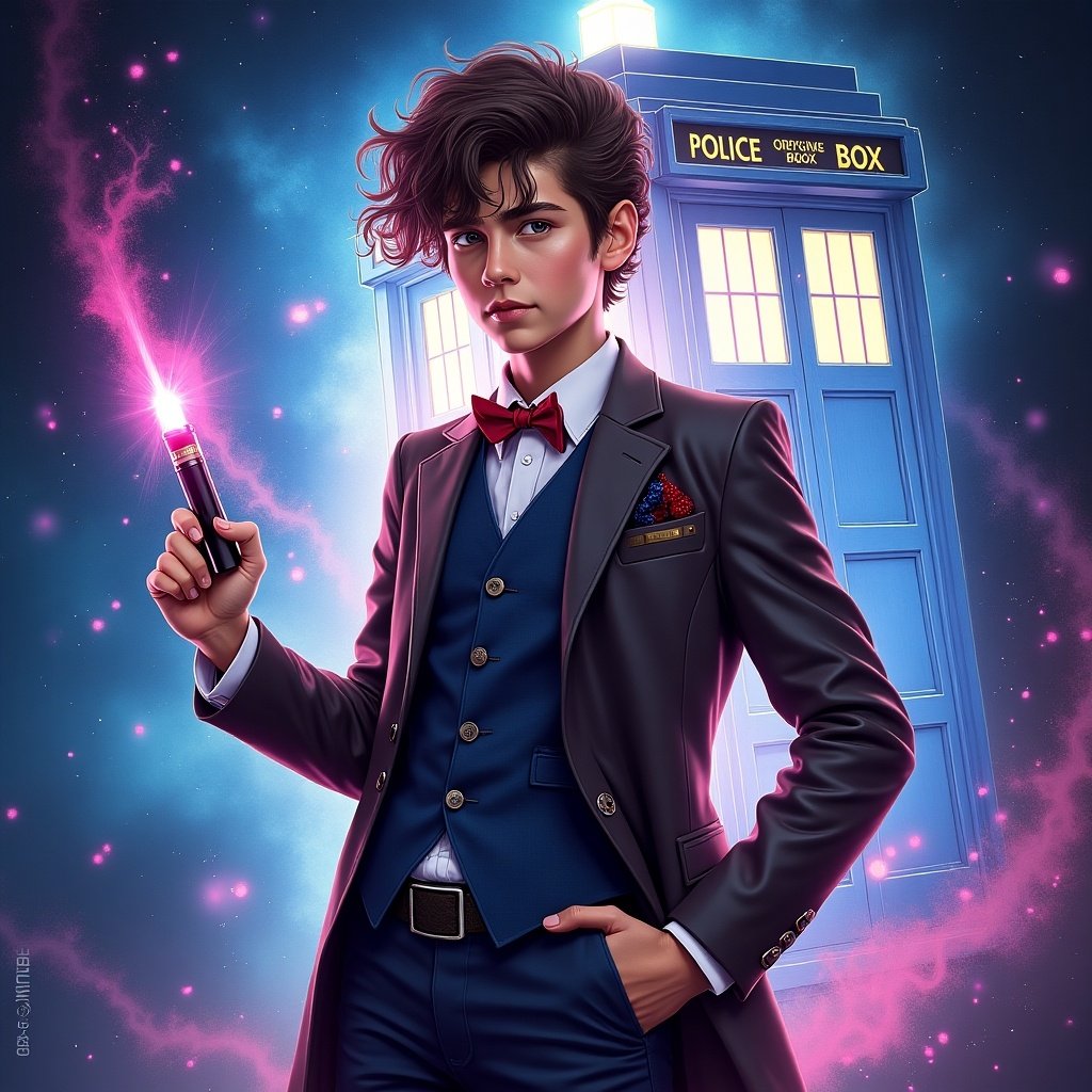 Teenage version of Doctor Who with a sonic device. Character in a suit stands in front of TARDIS. Brightly colored and mystical atmosphere.