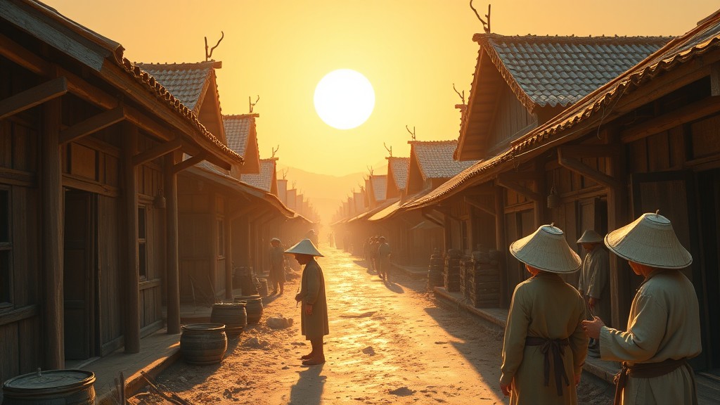 A tranquil village street bathed in the warm glow of the setting sun, with villagers wearing traditional conical hats.