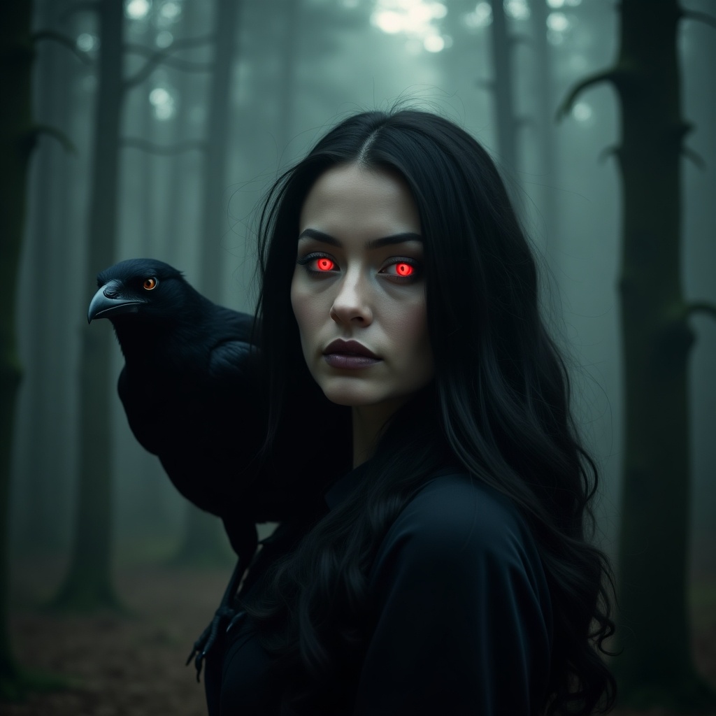 In a mystic forest setting, a woman with intense, glowing red eyes gazes enigmatically towards the viewer. Perched on her shoulder is a dark, majestic raven, adding an air of mystery and supernatural intrigue to the scene. The dense forest in the background creates a dreamlike atmosphere filled with shadows and muted colors. The overall tone is eerie yet captivating, drawing the viewer into the forest's secrets. This scene is rich in detail, enhancing the supernatural elements.