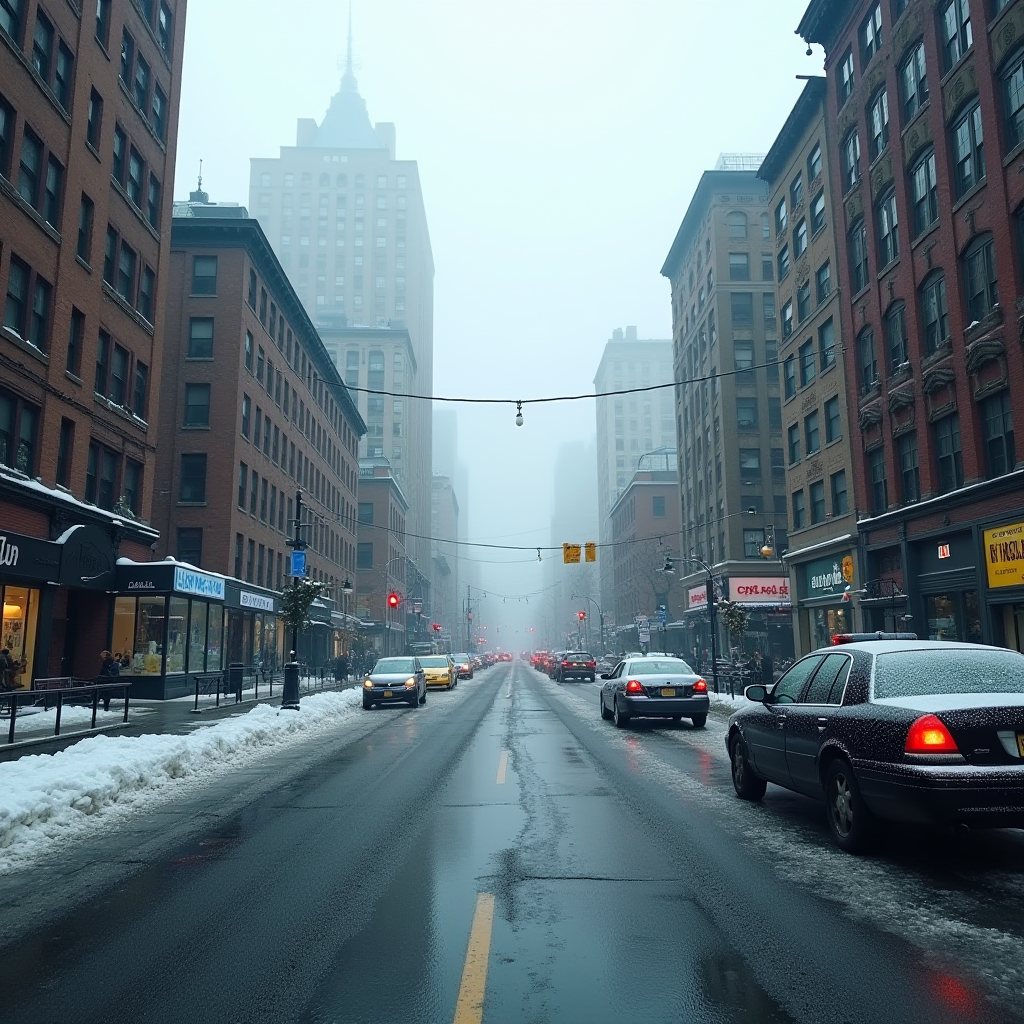 A city street lined with tall brick buildings, covered in a layer of snow and surrounded by a foggy atmosphere, with cars and soft red traffic lights adding to the scene.