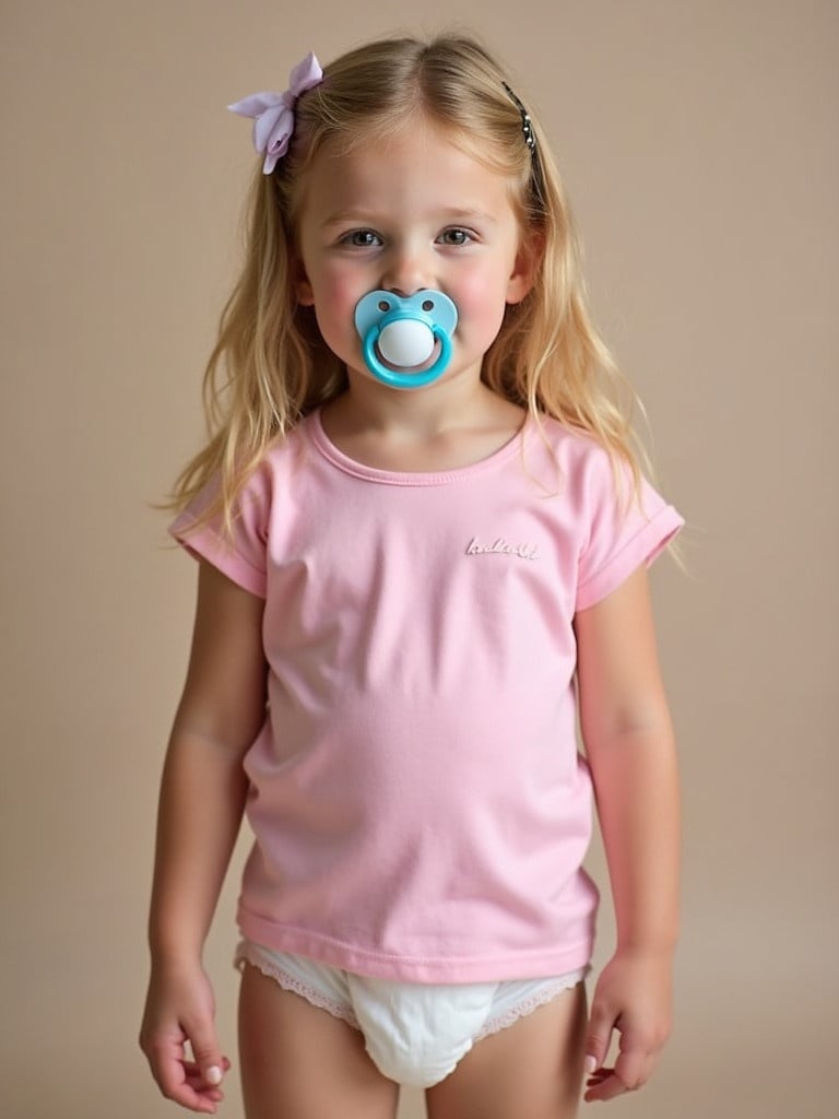 Adorable girl wearing a pink shirt. She has blonde hair and is wearing a diaper. A pacifier is visible. The background is a neutral color. Soft lighting highlights her features.