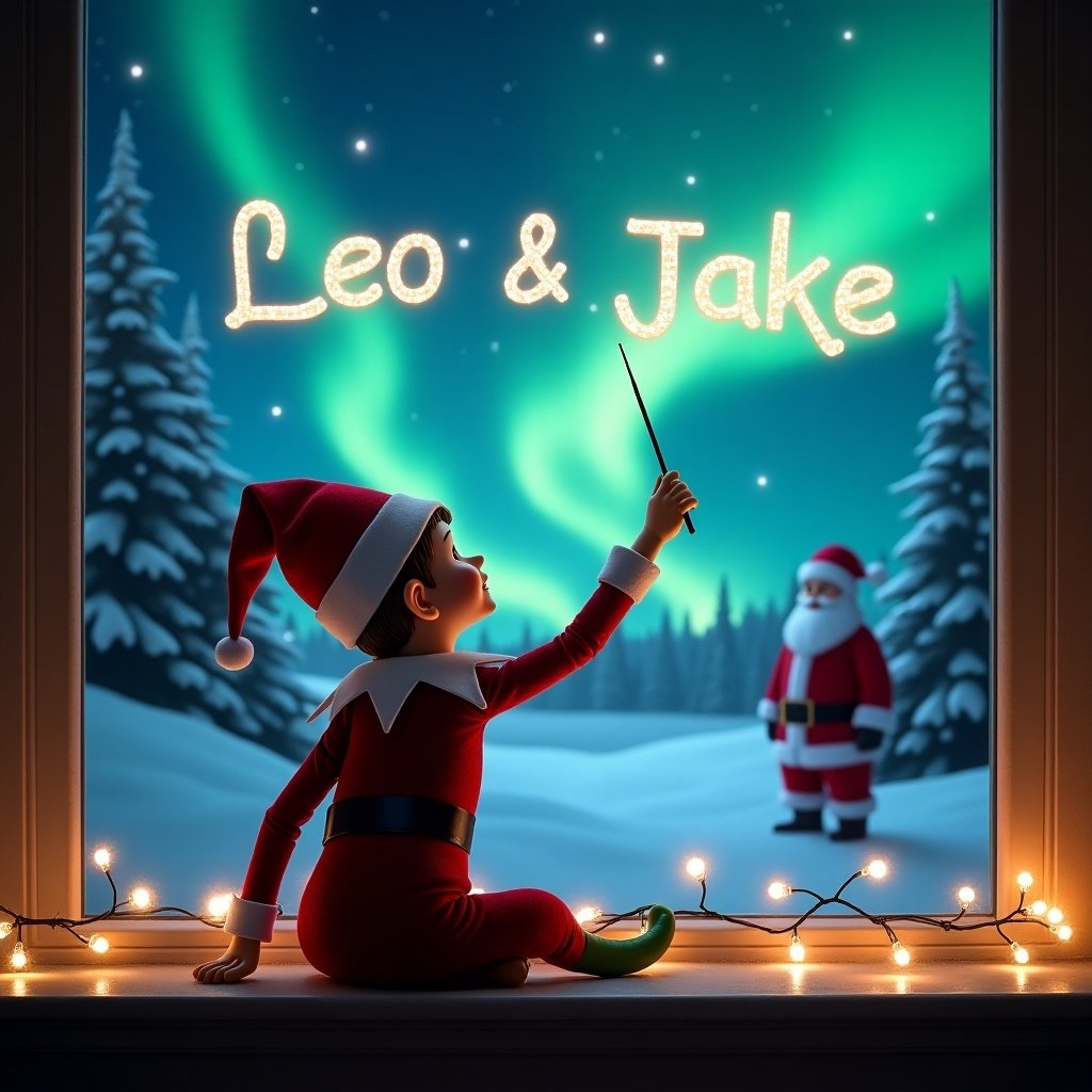 Elf is seated, gazing at night sky. Magical wand is writing names. Background shows Christmas landscape with northern lights. Santa Claus is visible in distance. Scene has twinkling lights.