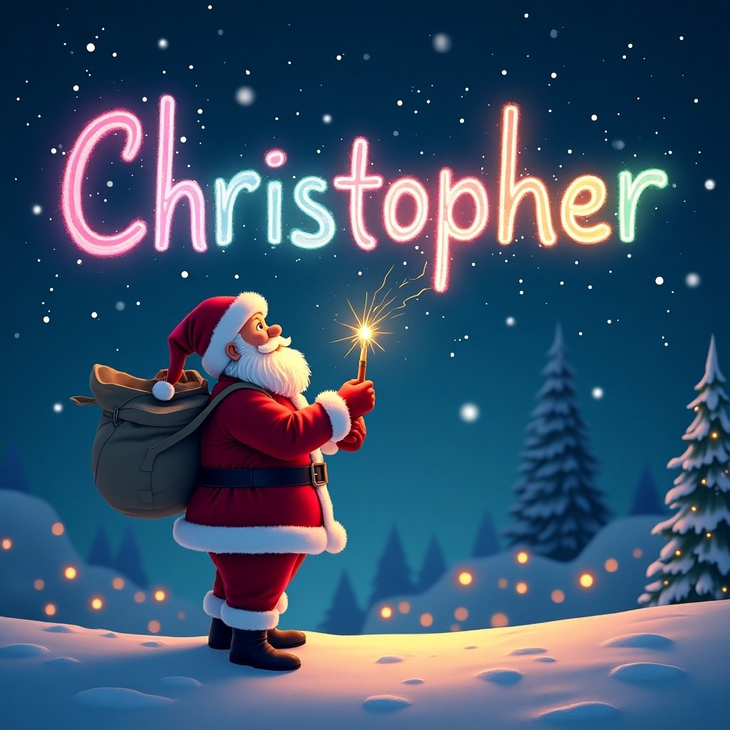 A beautiful Christmas-themed illustration featuring Santa Claus. He is joyfully looking up at the sky while writing the name 'Christopher' in colorful glowing letters. The scene is set in a winter wonderland with snow-covered trees around him. Santa is dressed in his classic red and white outfit, holding a magical glowing pen. The background is filled with twinkling lights, adding to the festive atmosphere. This captures the essence of holiday joy and personalization perfect for Christmas celebrations.