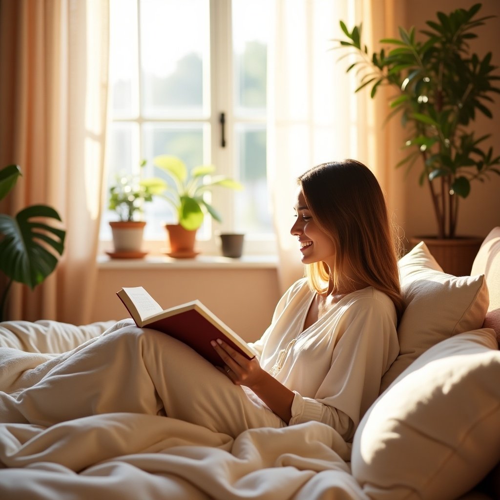 A woman reads a book in a cozy room. Natural light enters through a window. She appears content and relaxed. Plants add a touch of nature to the scene. Soft bedding surrounds her.