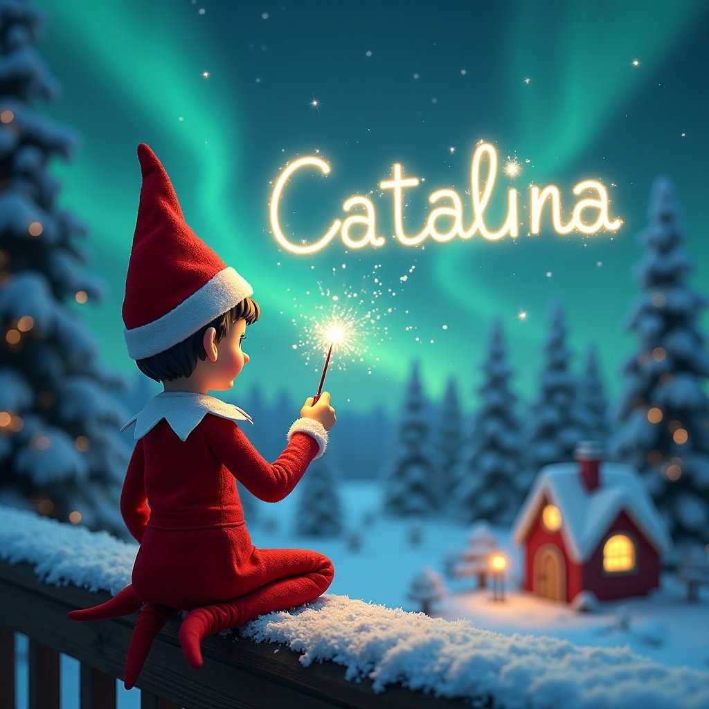 Elf sits on wooden ledge looking at magical sky. Elf wears red outfit and pointed hat holding sparkling wand. Wand writes name 'Catalina' in starry sky. Background has snowy landscape with charming houses and evergreen trees. The scene captures childhood magic and Christmas cheer.