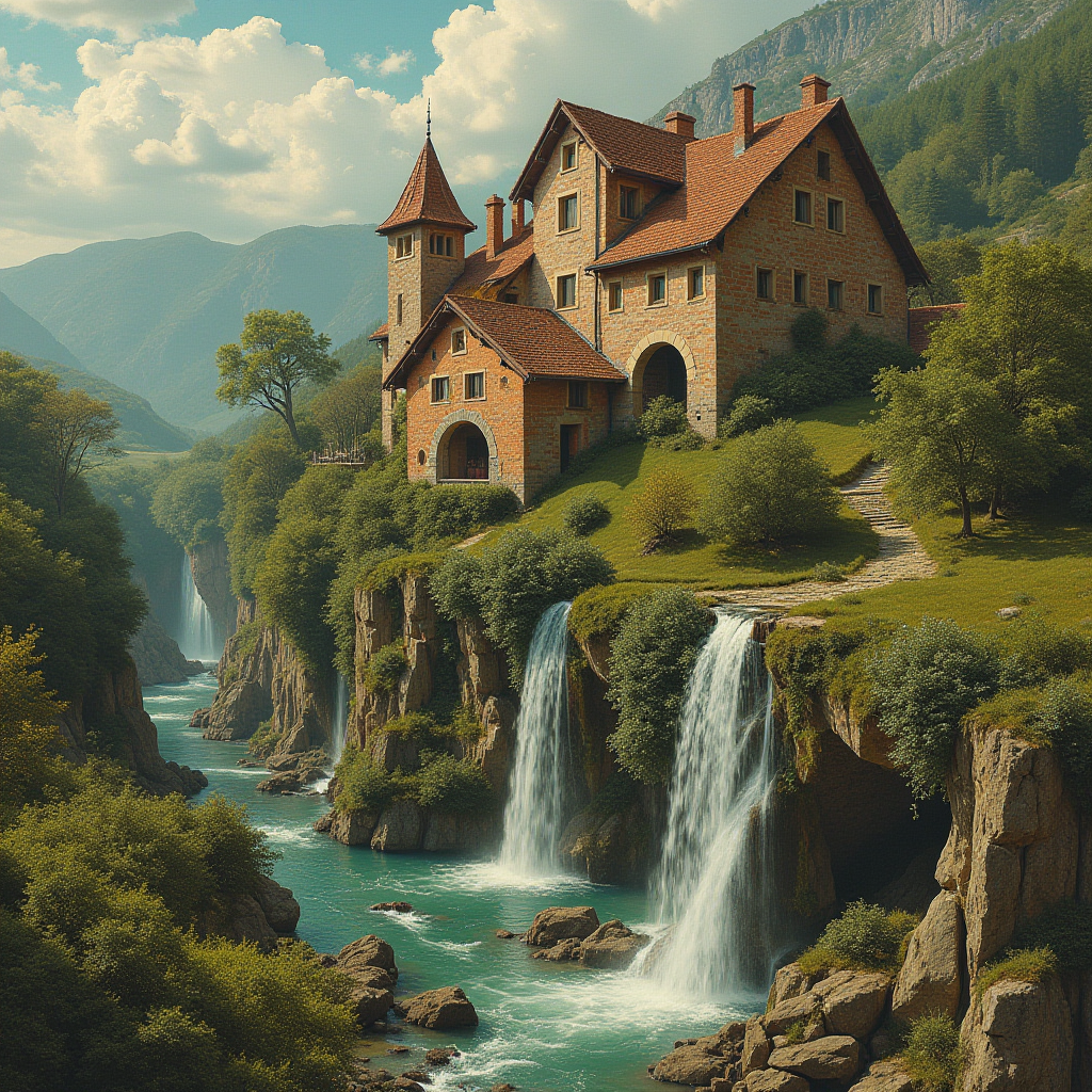 A picturesque stone mansion with red roofs perches atop a lush cliff, beside cascading waterfalls, surrounded by a serene valley with mountains in the background.