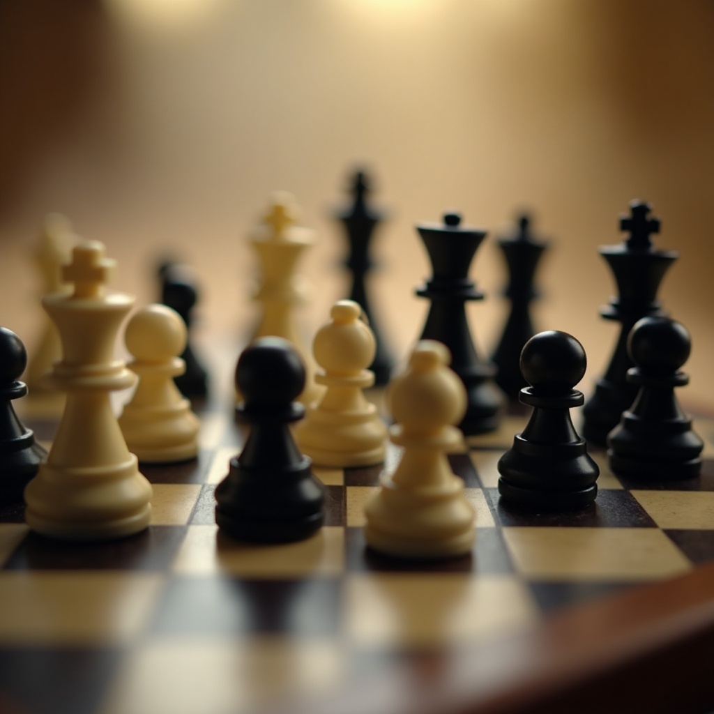 Close-up of a chessboard filled with black and creamy white pieces. Focus on pawns and kings strategically aligned. Hazy background. Warm brown colors with black and white contrast.