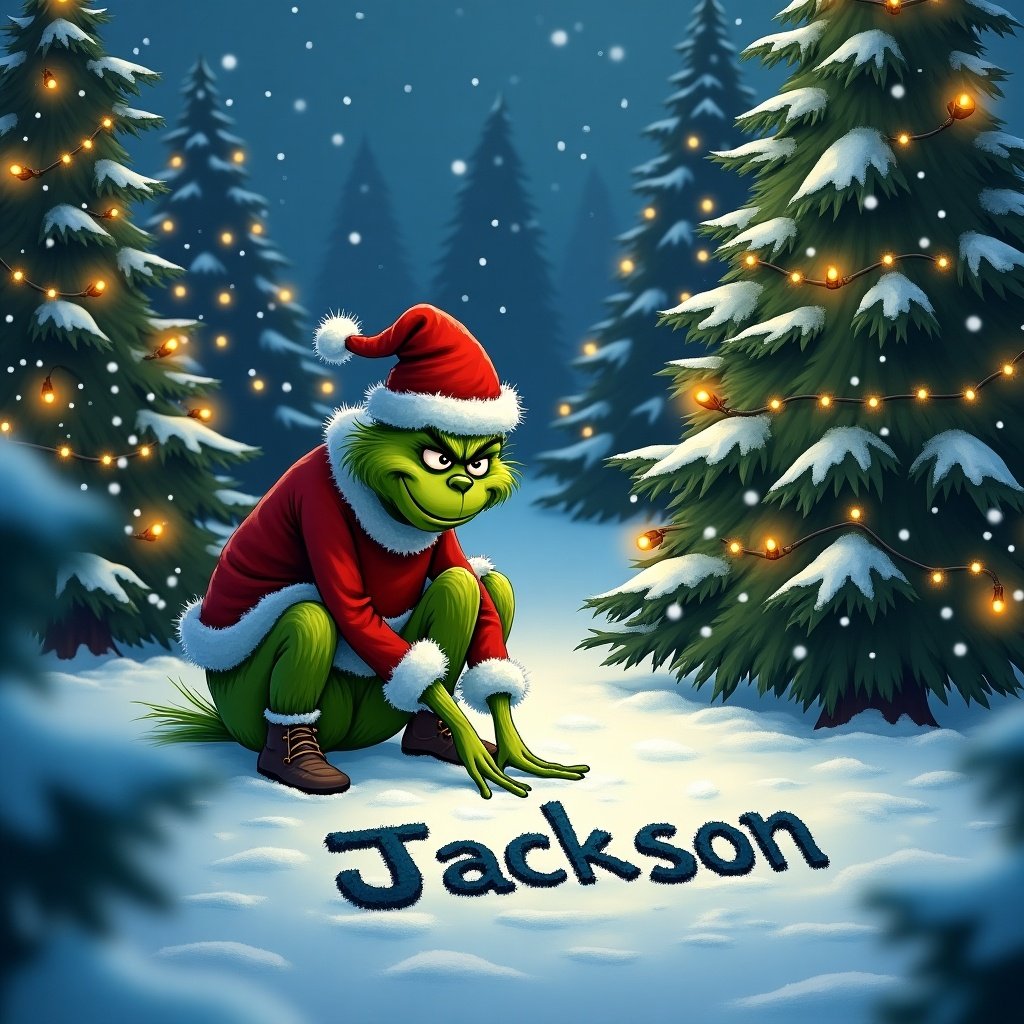 Grinch outside in the snow with Christmas trees. Grinch decorates snow with the name Jackson. Festive atmosphere with lights.