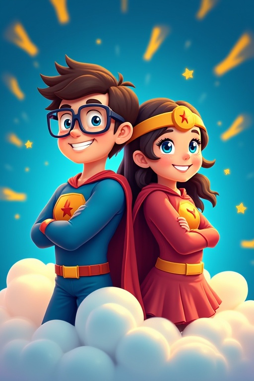 Happy smiling boy and girl aged ten years old. The boy wears glasses. They stand back to back as a team. Both are dressed as superheroes. Background is royal blue with yellow bolts of lightning and stars. Clouds encircle their bodies. Represents strength and determination. The image has a Minecraft feel.