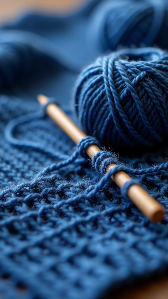 A close-up of a deep blue crocheted fabric with a wooden crochet hook and yarn ball.