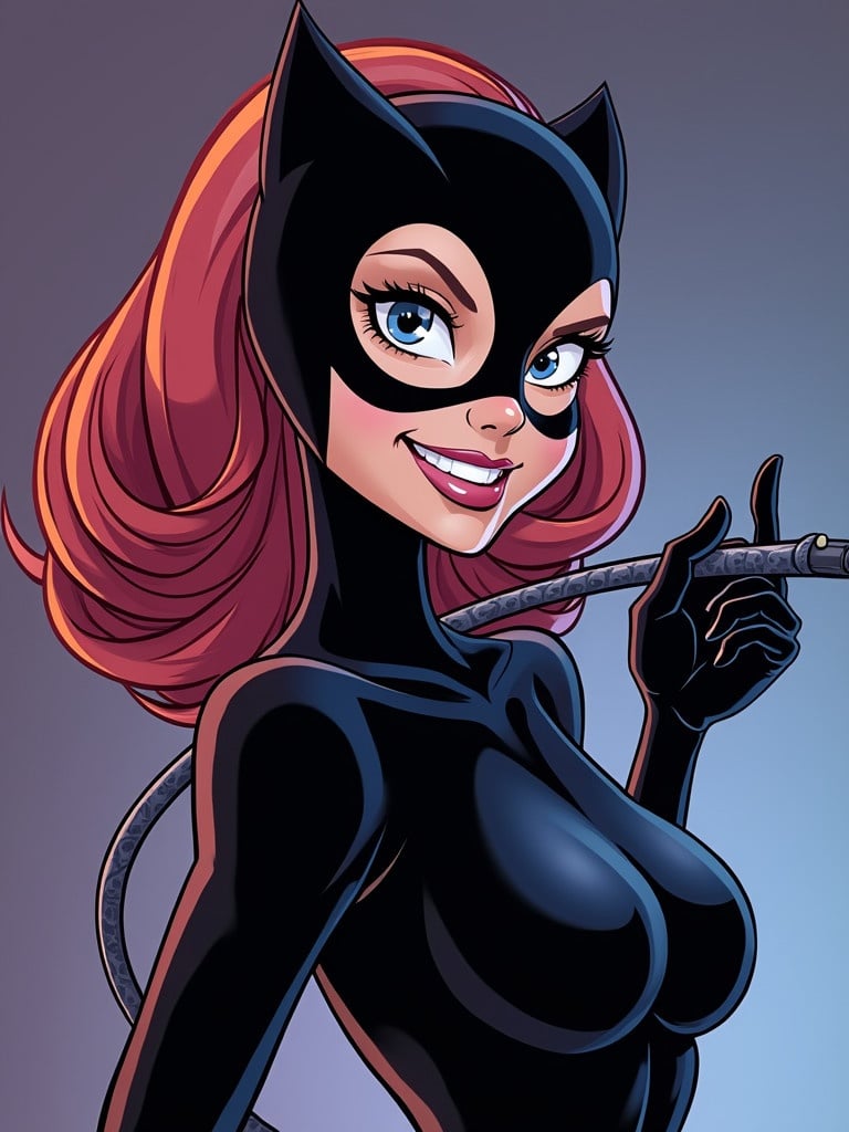 Catwoman in a sleek black costume holds a whip. Character has long pink hair. Image style is animated and cartoonish. The character displays a confident and flirty demeanor.