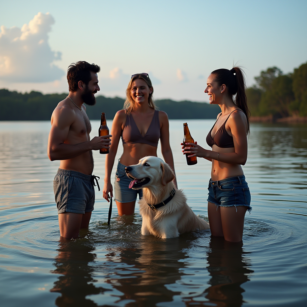 Three friends with a dog enjoy drinks while standing in the serene waters of a lake at sunset.