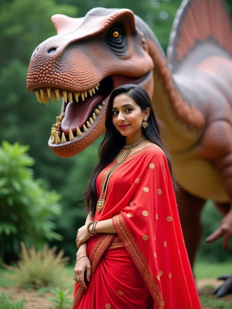 Vibrant image of a woman dressed in a red sari posing in front of a dinosaur statue. Bright colors and natural background enhance the scene.