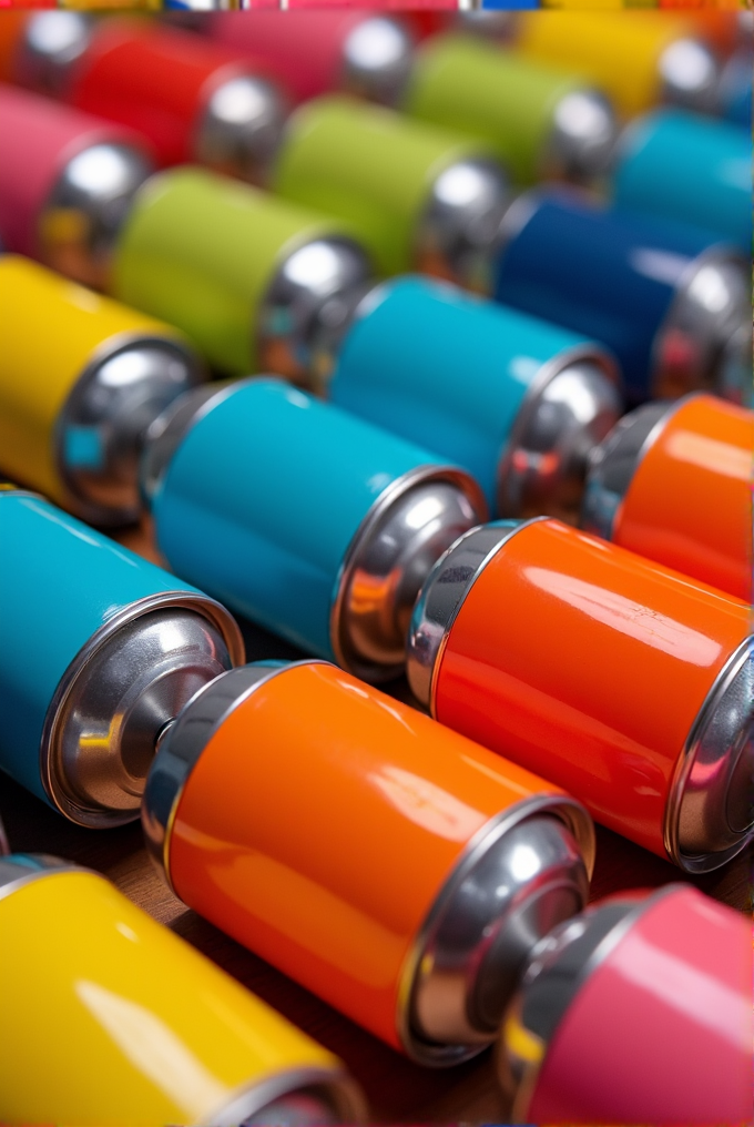 Rows of colorful spray paint cans are arranged neatly, each displaying vibrant colors like red, green, blue, and orange.