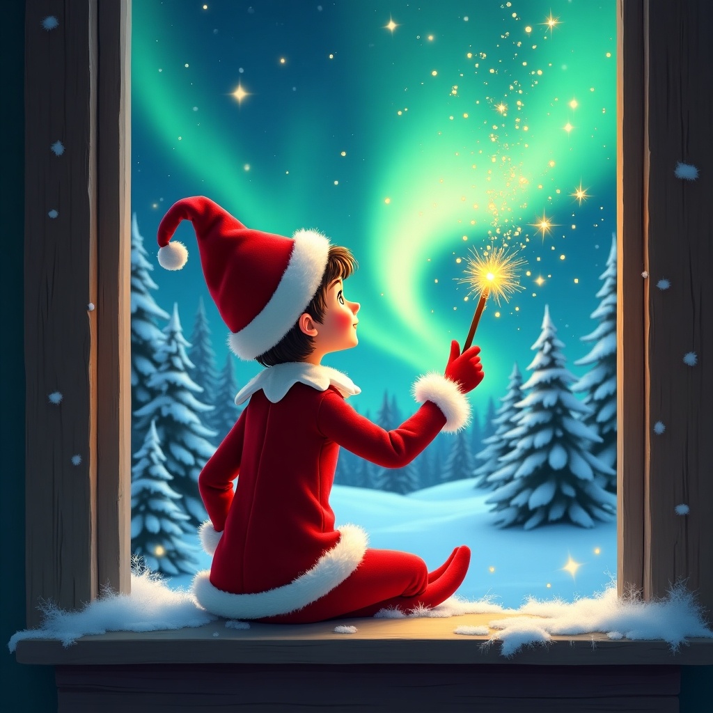 Adorable elf on window ledge. Back turned to viewer. Using wand to create twinkling sparks. Looking up at northern lights. Background of winter wonderland. Snow-covered pine trees. Dressed in red outfit with white trim. Scene illuminated by aurora colors. Name Andi drawn in sky.