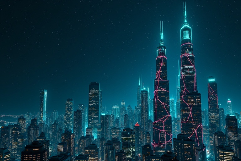 Futuristic cityscape with towering buildings in a dark blue starry background. Glowing digital lines in green and blue weaves through structures. Red cracks visible on the tall buildings.