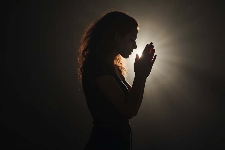 Silhouette of a woman praying against a dark background. Soft warm light creates a strobe effect in the backdrop. The emphasis is on the act of prayer with a serene atmosphere.