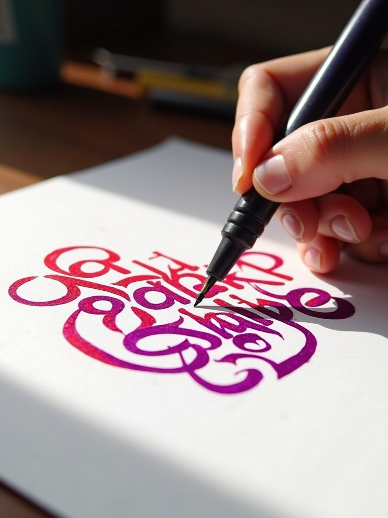 Image shows a person crafting Malayalam calligraphy. Bold ink in rich purple and red on white paper. Hand holding pen focuses on intricate details. Natural light enhances creativity in calligraphy.