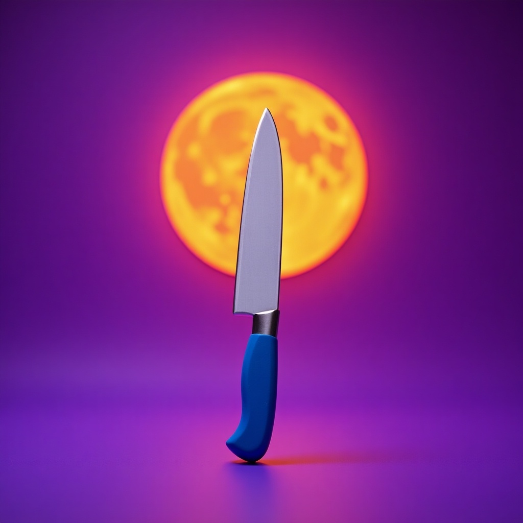 A sharp knife with a blue handle is positioned against a vibrant purple background. In the backdrop, a large and bright orange moon casts a warm glow. This unique composition creates a striking visual contrast between the cool colors of the knife and the warm hue of the moon. The setting suggests an artistic take on kitchen tools, blending culinary elements with imaginative scenery. The overall ambiance is playful, inviting viewers to appreciate the artistry in everyday kitchen items.