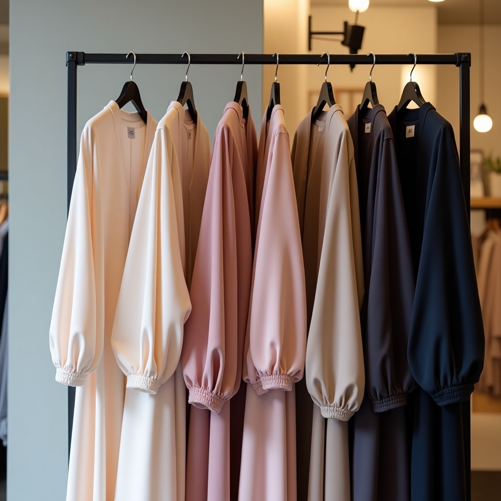 A collection of simple abayas displayed on a hanging rack. Various colors and styles are present. The setting is warm and inviting, suitable for a fashion store. The abayas have simple designs with puffed sleeves and are neatly arranged in a retail environment.