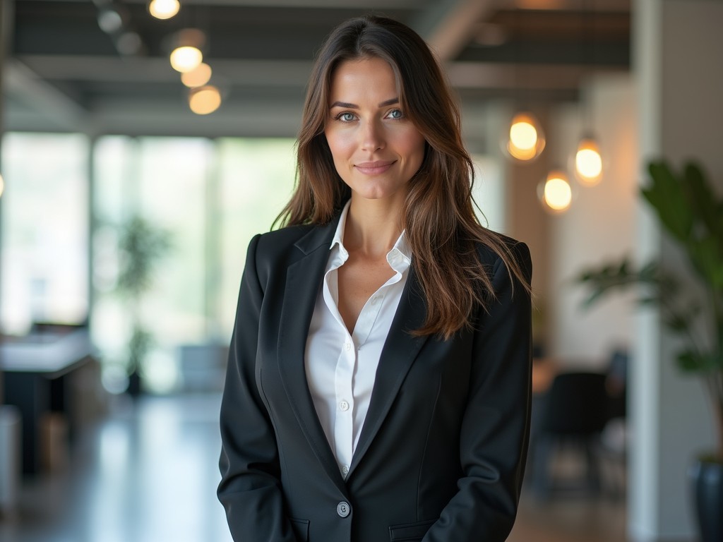 The image depicts a woman in professional attire, standing confidently in an office setting. She is dressed in a black suit with a white shirt, exuding a sense of competence and poise. The background is softly blurred, with hanging lights creating a warm ambiance, typical of a modern office.