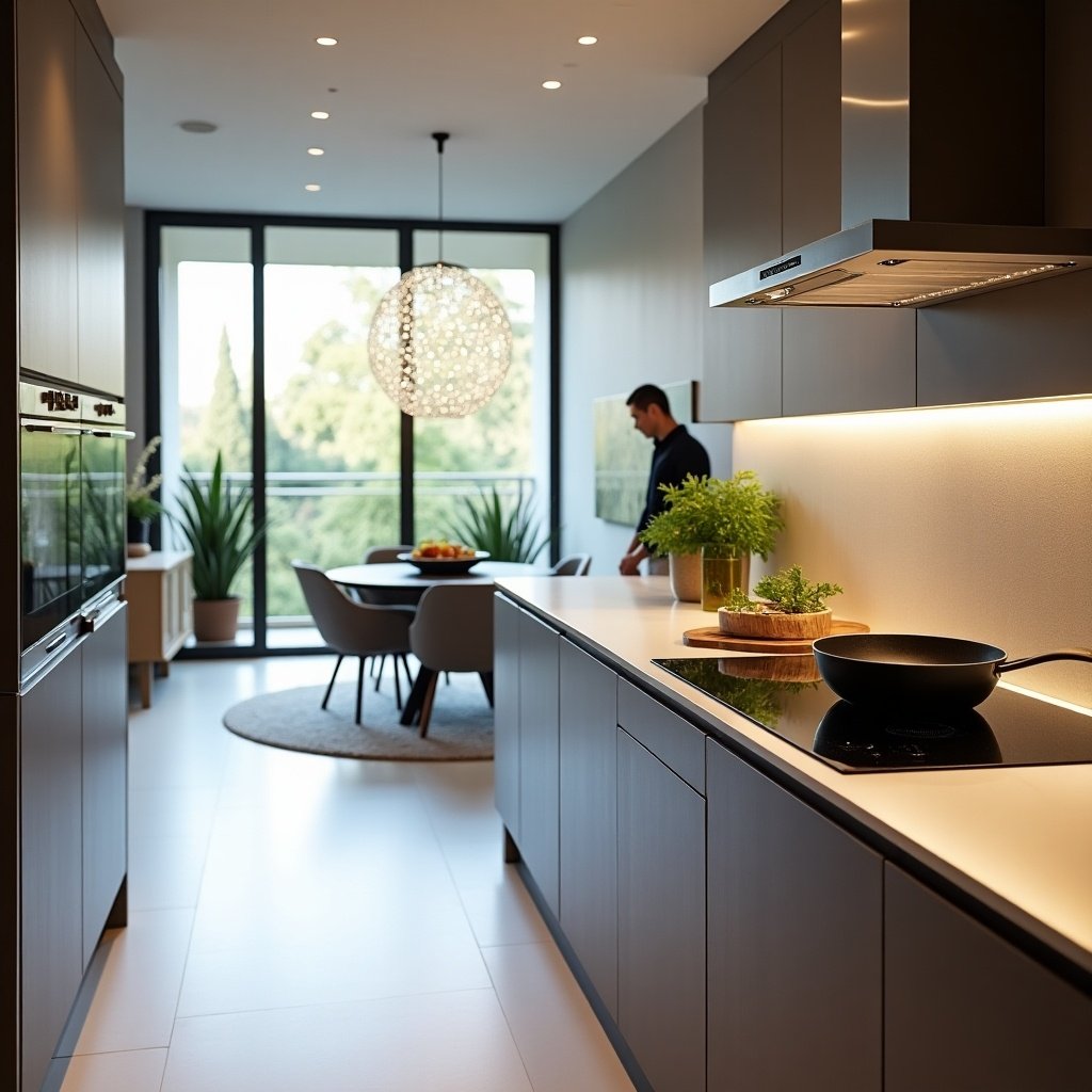 Modern 5-star kitchen in open plan living room with a view from the entrance. Balcony visible with someone picking herbs. Pan on induction hob. Semi-island against the wall with two runs of kitchen units facing each other and a door at the end.