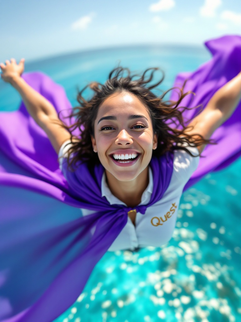 Latin female daycare teacher soars above the Caribbean Sea. She wears a vibrant purple cape and a crisp white shirt. The scene captures adventure and empowerment. Turquoise waters sparkle below and the sky is clear blue. Happiness and inspiration are evident in her expression. Spirit of exploration radiates through the image.