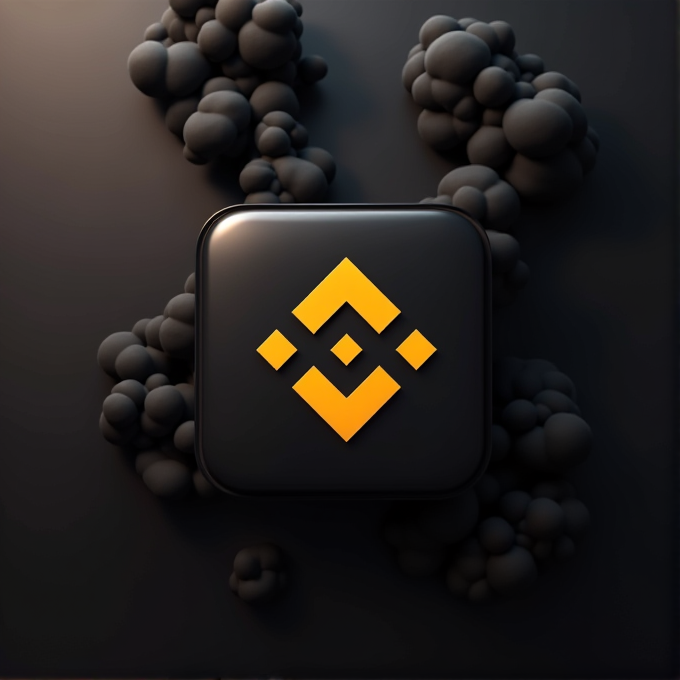 A yellow geometric logo sits on a dark, abstract background with round shapes.