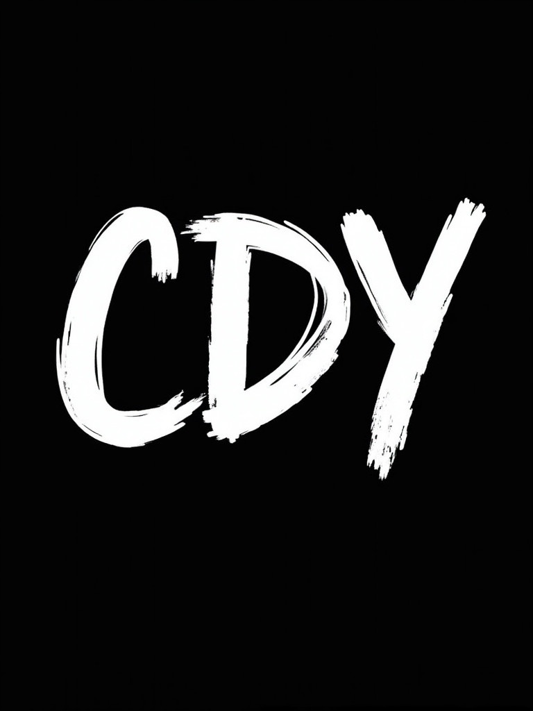 Letters 'CDY' on a black background. Hand-painted brushstroke style. Bold and dynamic look. White letters stand out against dark backdrop. Rough edges and varied thickness create an energetic composition.