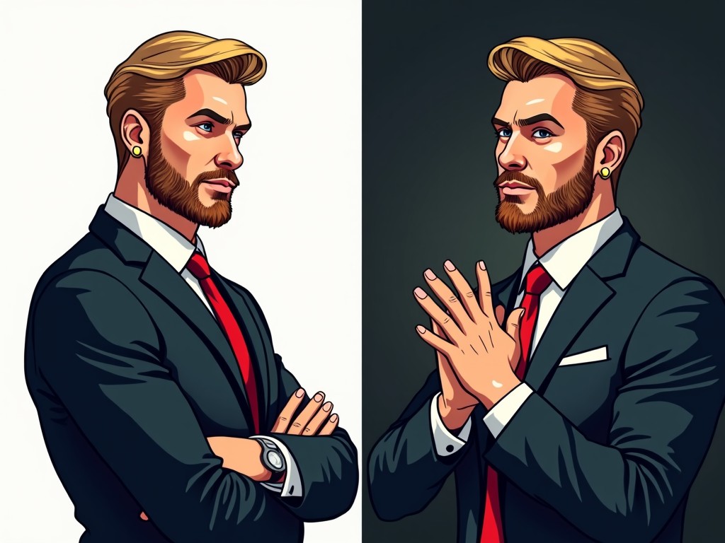 A man with a well-groomed beard and blond hair, dressed in a suit and tie, shown in two different poses. The illustration shows one pose with arms crossed, on a white background, and another with hands clasped, on a dark background.