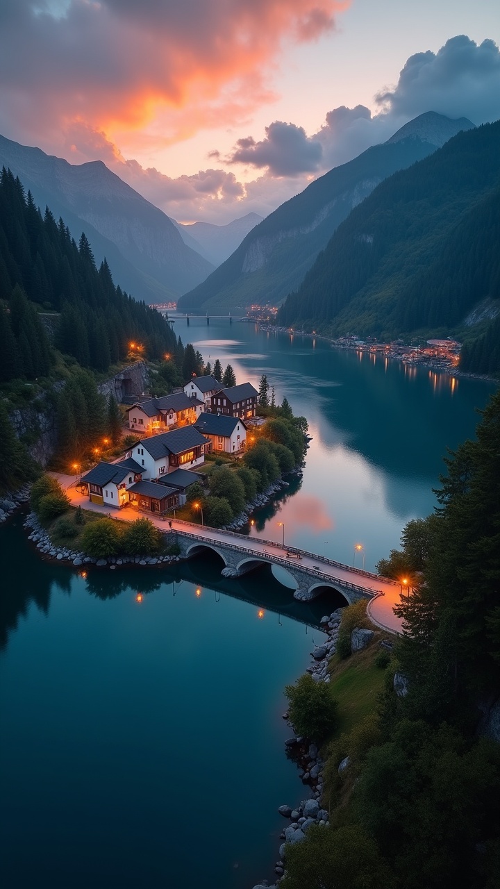 a picturesque mountain village at sunset with a peaceful lake reflecting the colorful sky, surrounded by lush forests and majestic mountains, homes illuminated with warm lights, a stone bridge crossing the water