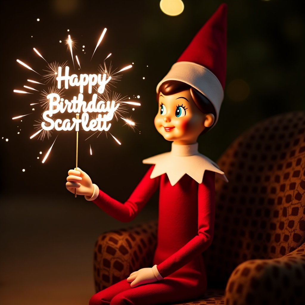 Elf on the Shelf character in cozy setting. Holding a sparkler that says 'Happy Birthday Scarlett'. Dark background highlights sparkler glow. Scene embodies joyful holiday spirit.