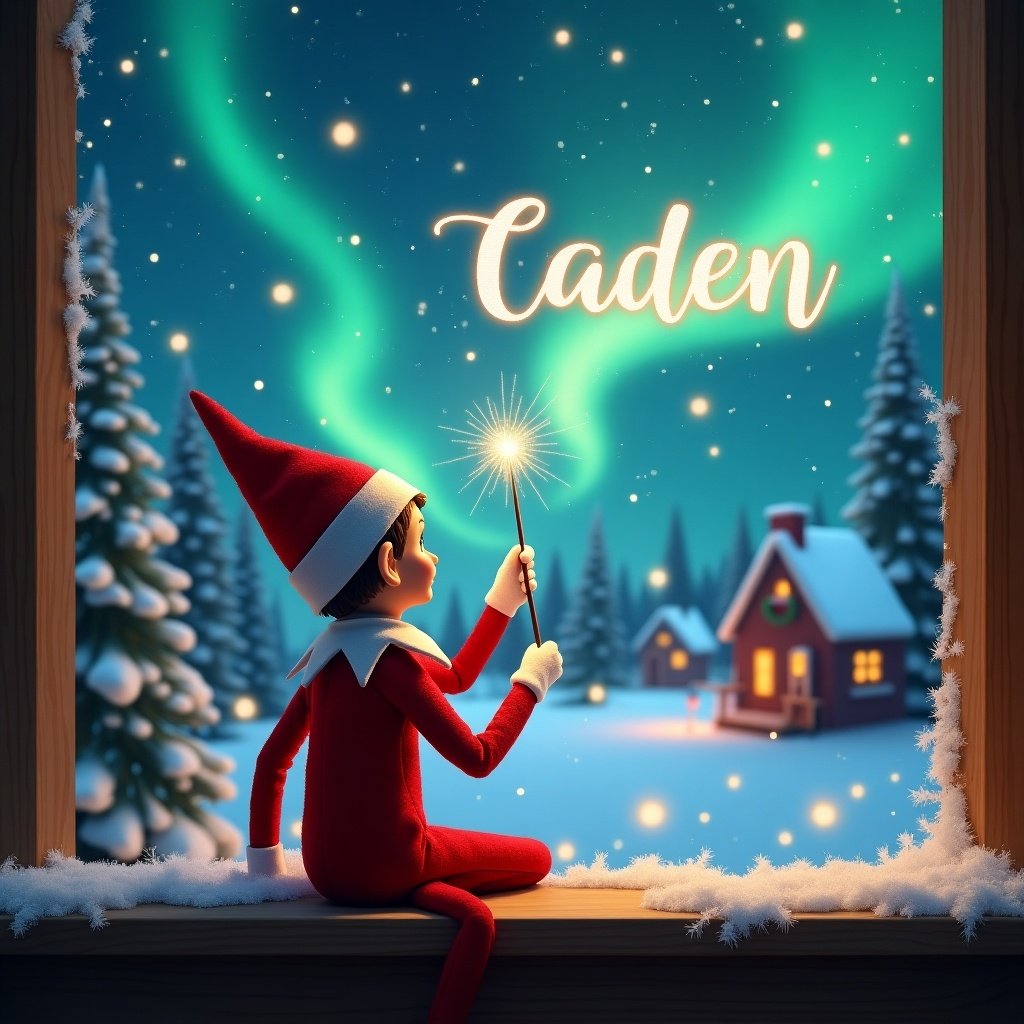 An elf on a wooden ledge gazes at a magical sky. The elf, in a red outfit, holds a sparkling wand. The elf writes 'Caden' in the starry sky. A snowy landscape with charming houses and evergreen trees is under the Northern Lights. This scene embodies childhood magic and Christmas cheer.