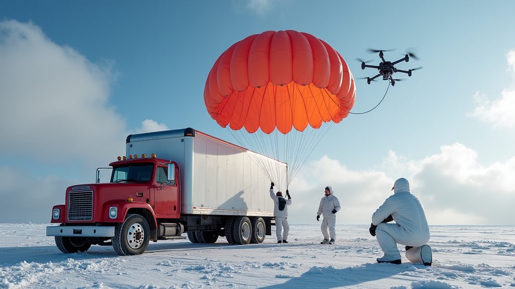 In a snowy landscape, people in white suits manage a red truck with a drone lifting a large orange parachute.