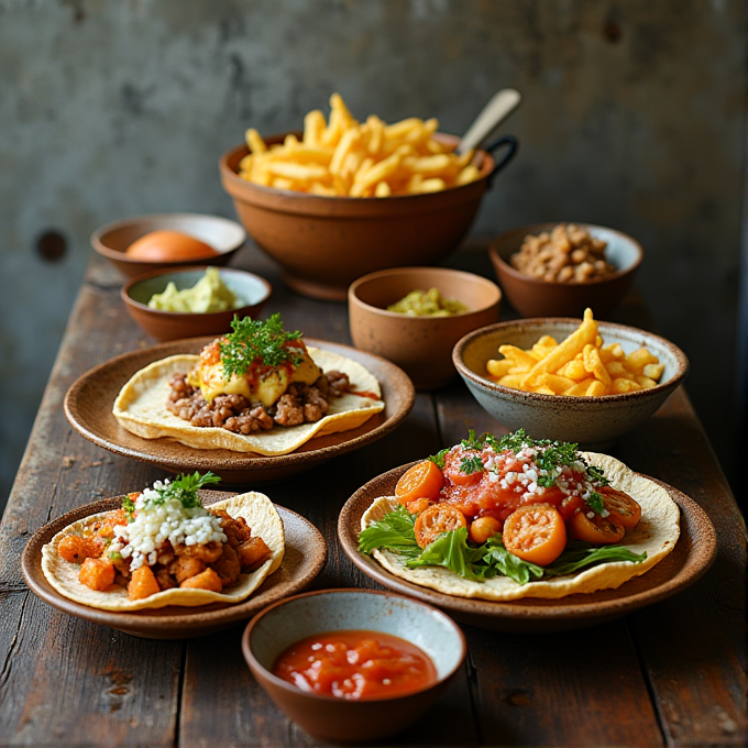 A rustic table filled with various tacos and fries, beautifully arranged with toppings and side dishes.