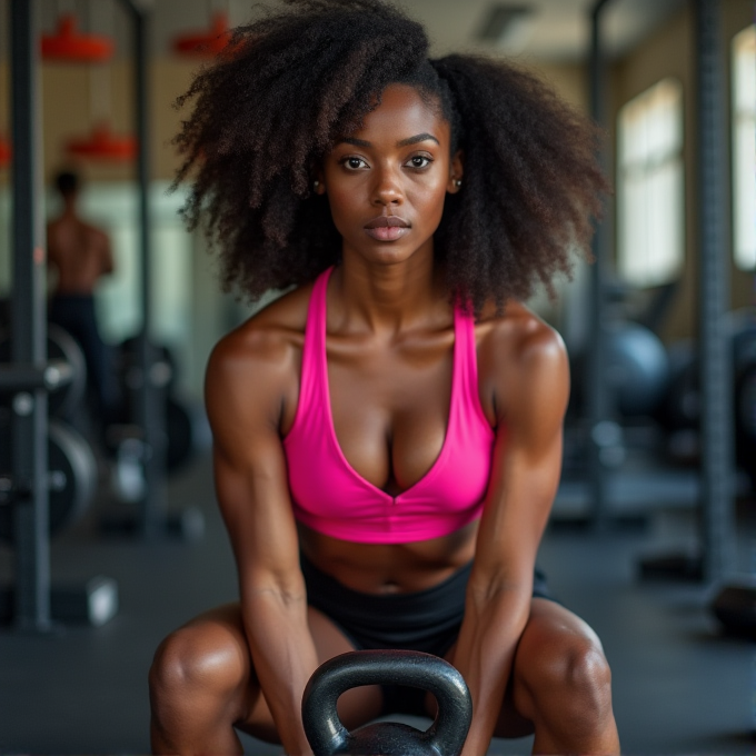 A woman in a gym is lifting a kettlebell.